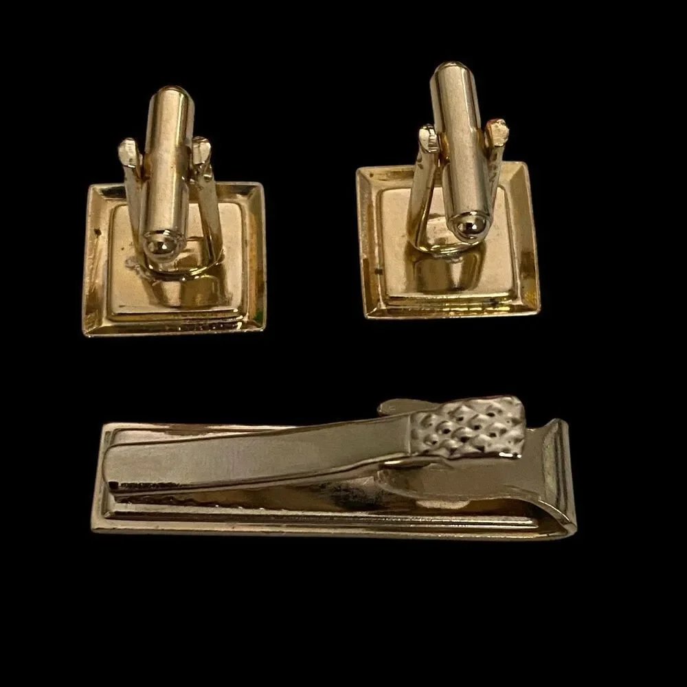 Vintage Mother of Pearl Cufflinks and Tie Clip Set Gold tone Mad Men Office